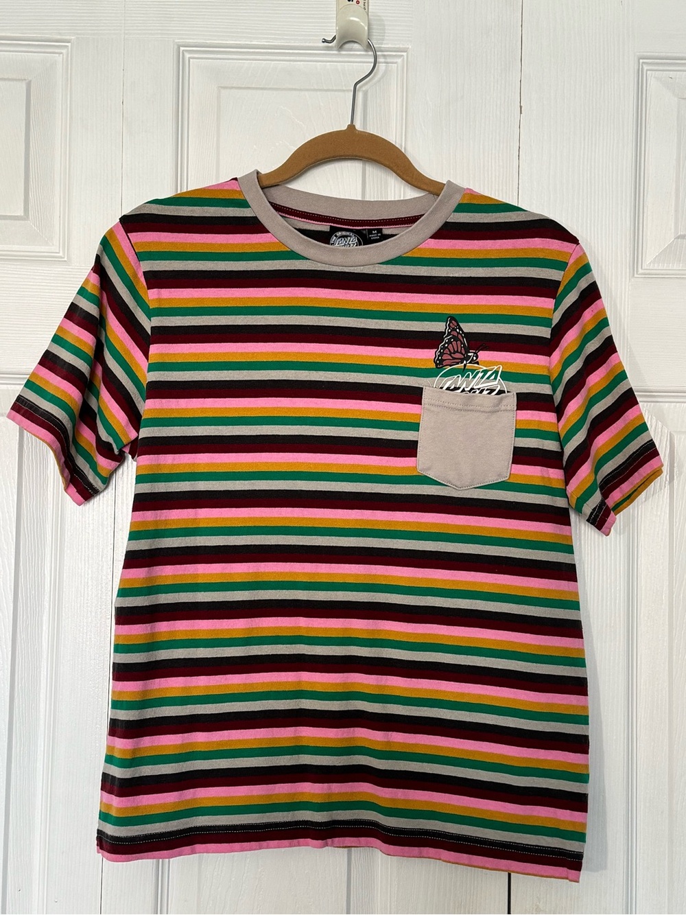 Santa Cruz Striped Short-Sleeve Pocket Tee with Butterfly Accent